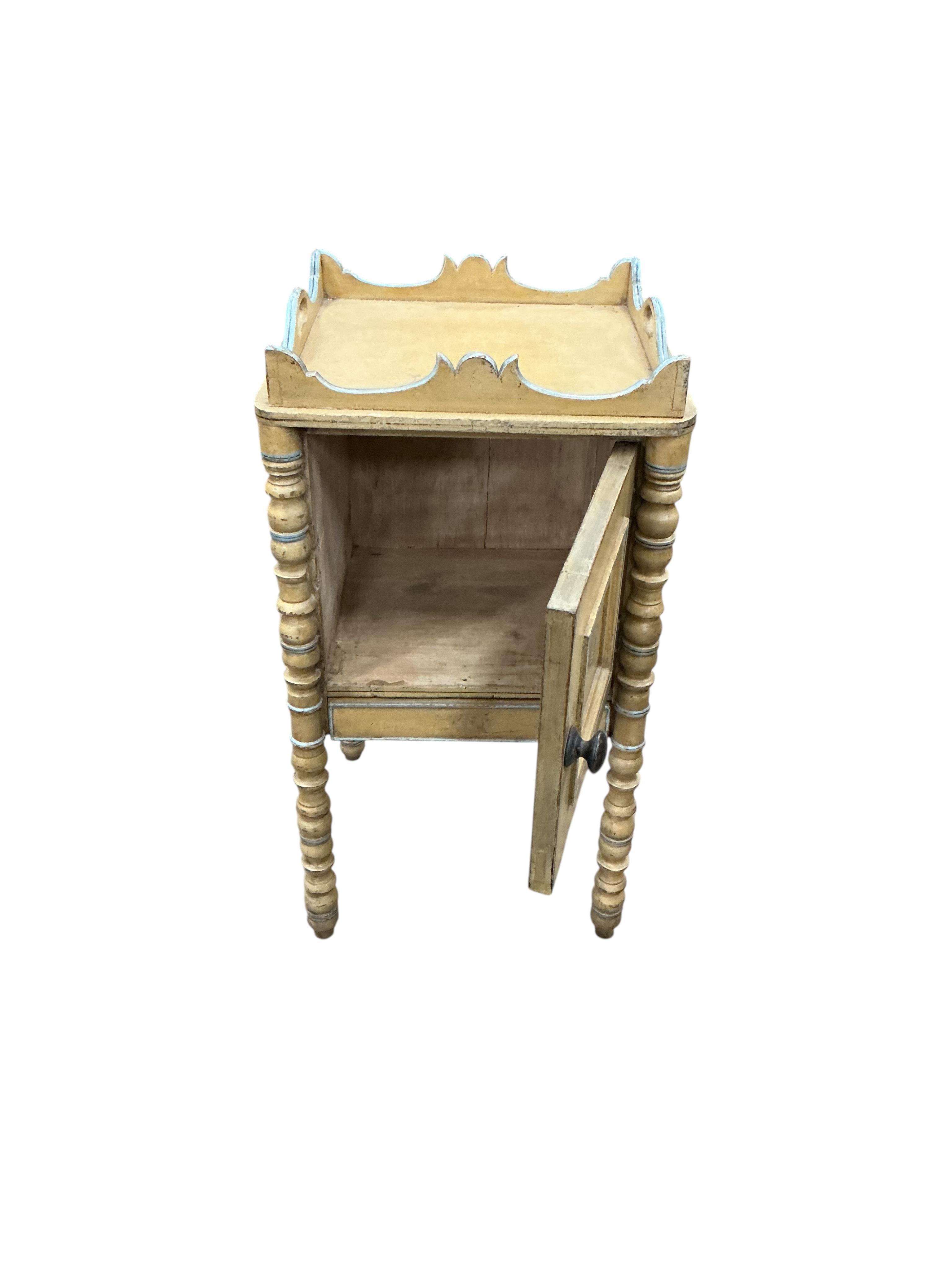 A 19th century painted pine tray top bedside cabinet, width 38cm, depth 35cm, height 71cm